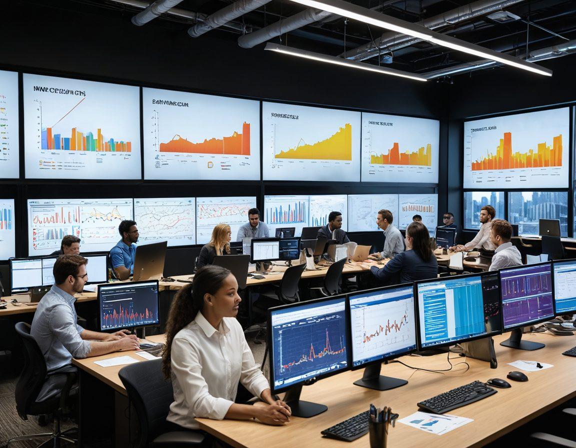 A professional workspace featuring a diverse group of individuals analyzing data on large screens filled with colorful charts and graphs. They are discussing insights with enthusiasm, surrounded by post-it notes and laptops, symbolizing collaboration and innovation. The background includes a modern cityscape to emphasize the business aspect. Bright, dynamic colors convey energy and excitement about data-driven decision making. super-realistic. vibrant colors. modern office setting.