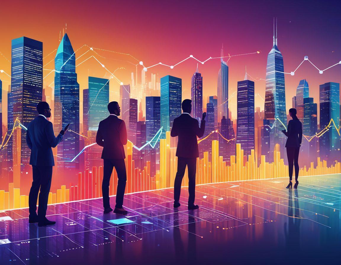 A dynamic graph showcasing rising trends overlaid on a blurred cityscape background, with diverse professionals analyzing data on digital screens. Include images of data points transforming into actionable insights. Incorporate vibrant colors to symbolize growth and innovation. modern infographic style. vibrant colors.