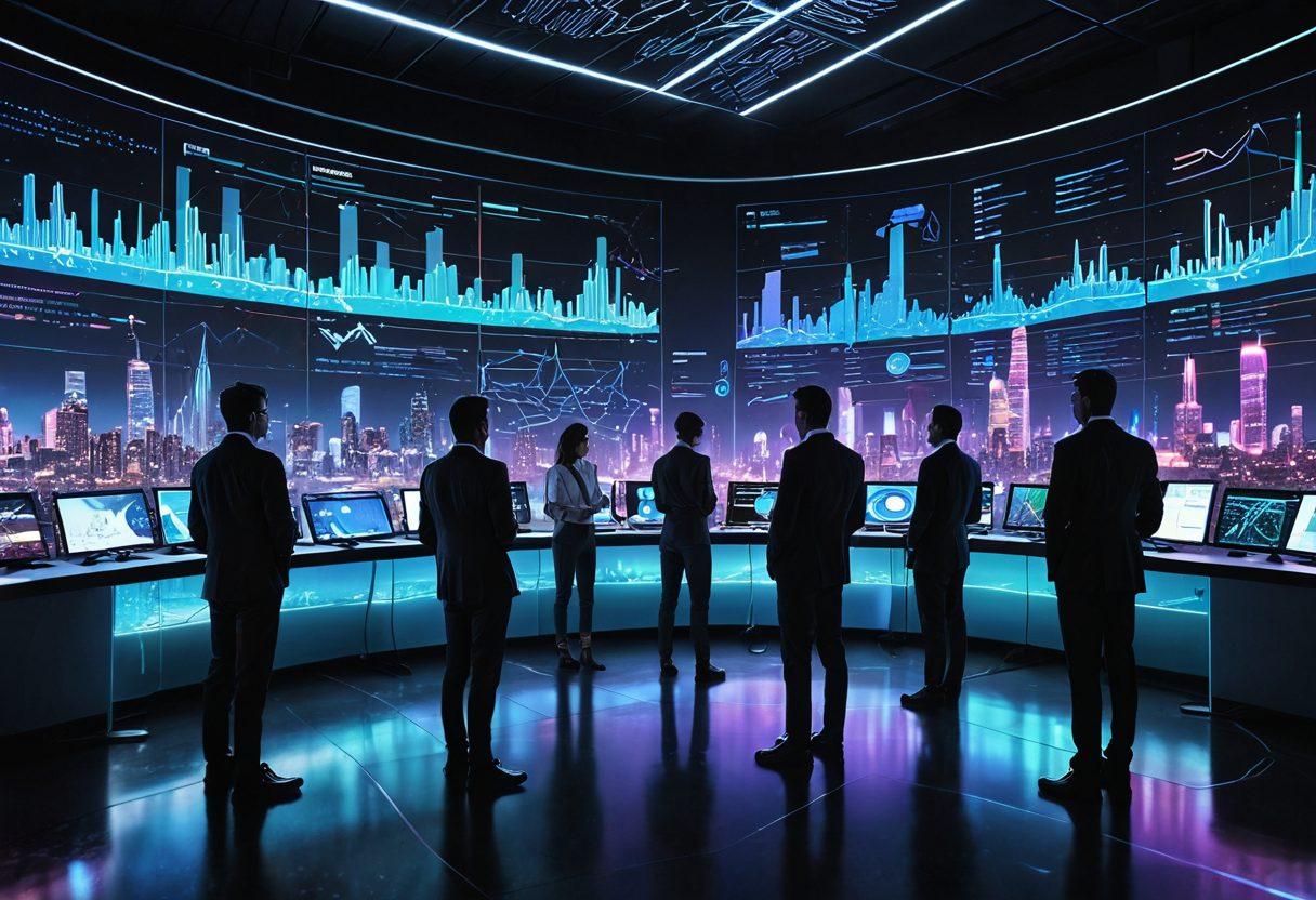 A futuristic cityscape where data metrics are visually transformed into vibrant holographic insights. Flowing streams of light connect various graphs and charts that hover above the city, symbolizing the impact of data on decision-making. In the foreground, a diverse group of professionals analyzes these metrics with holographic interfaces, showcasing teamwork and collaboration. The overall scene should evoke a sense of innovation and technology. cyberpunk. vibrant colors. 3D.